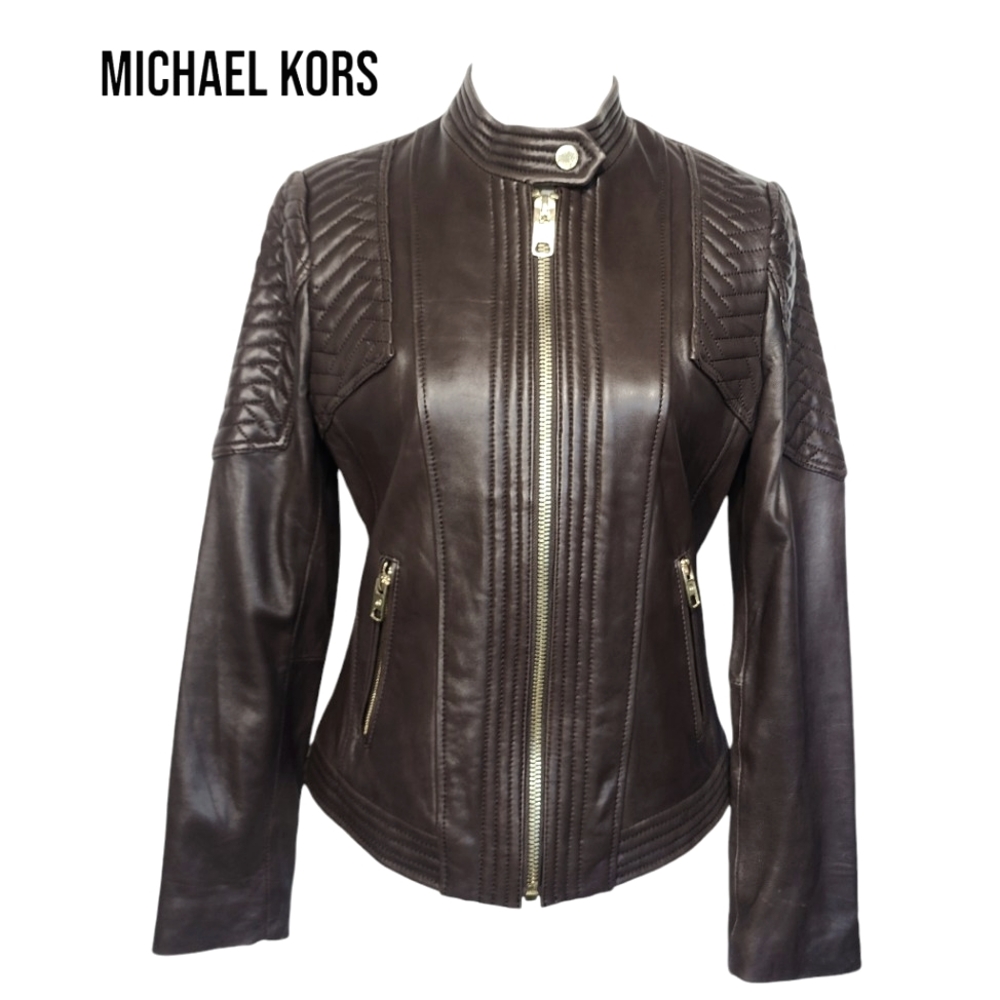 Michael Kors Sz M Full Zip Contrast Quilted 100%  Genuine Leather Moto Jacket.